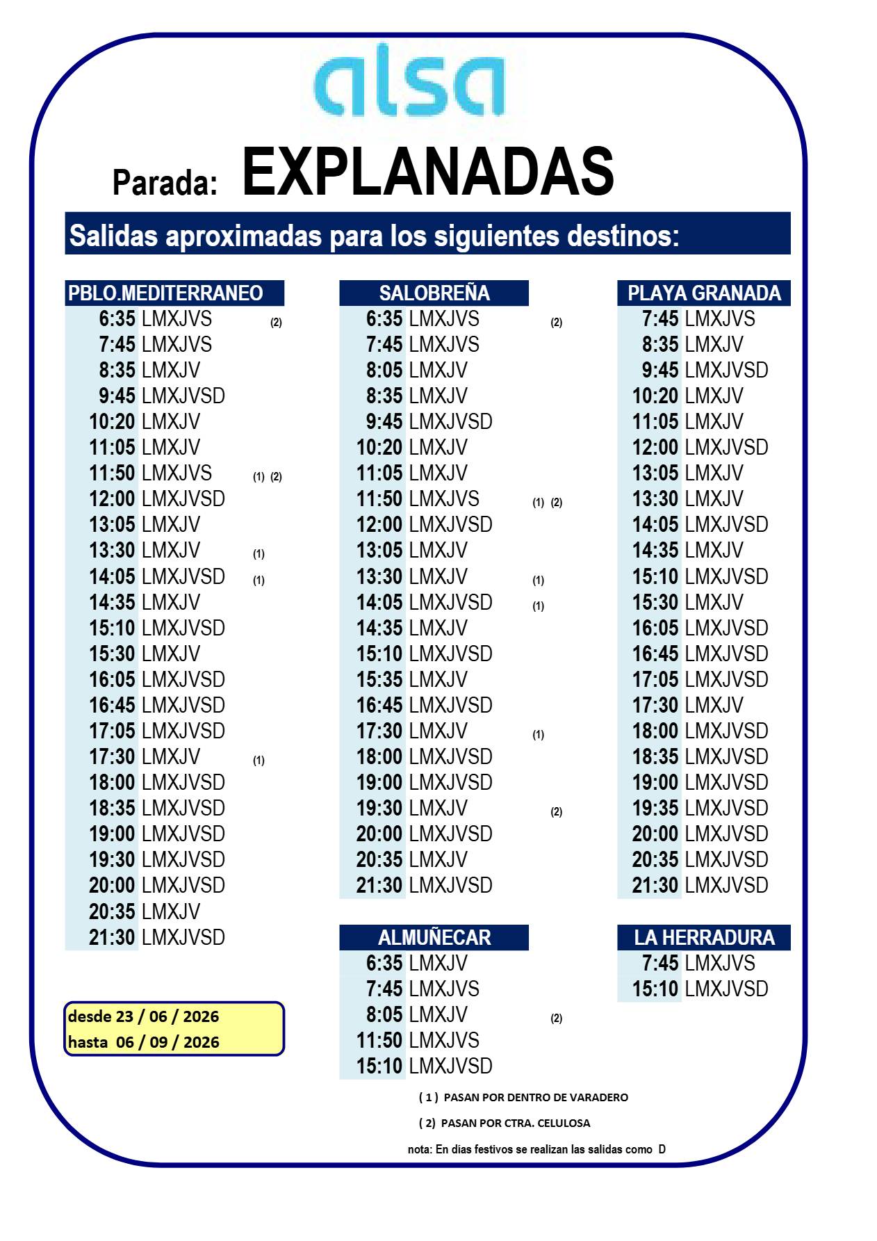 HORARIOS EXPLANADAS