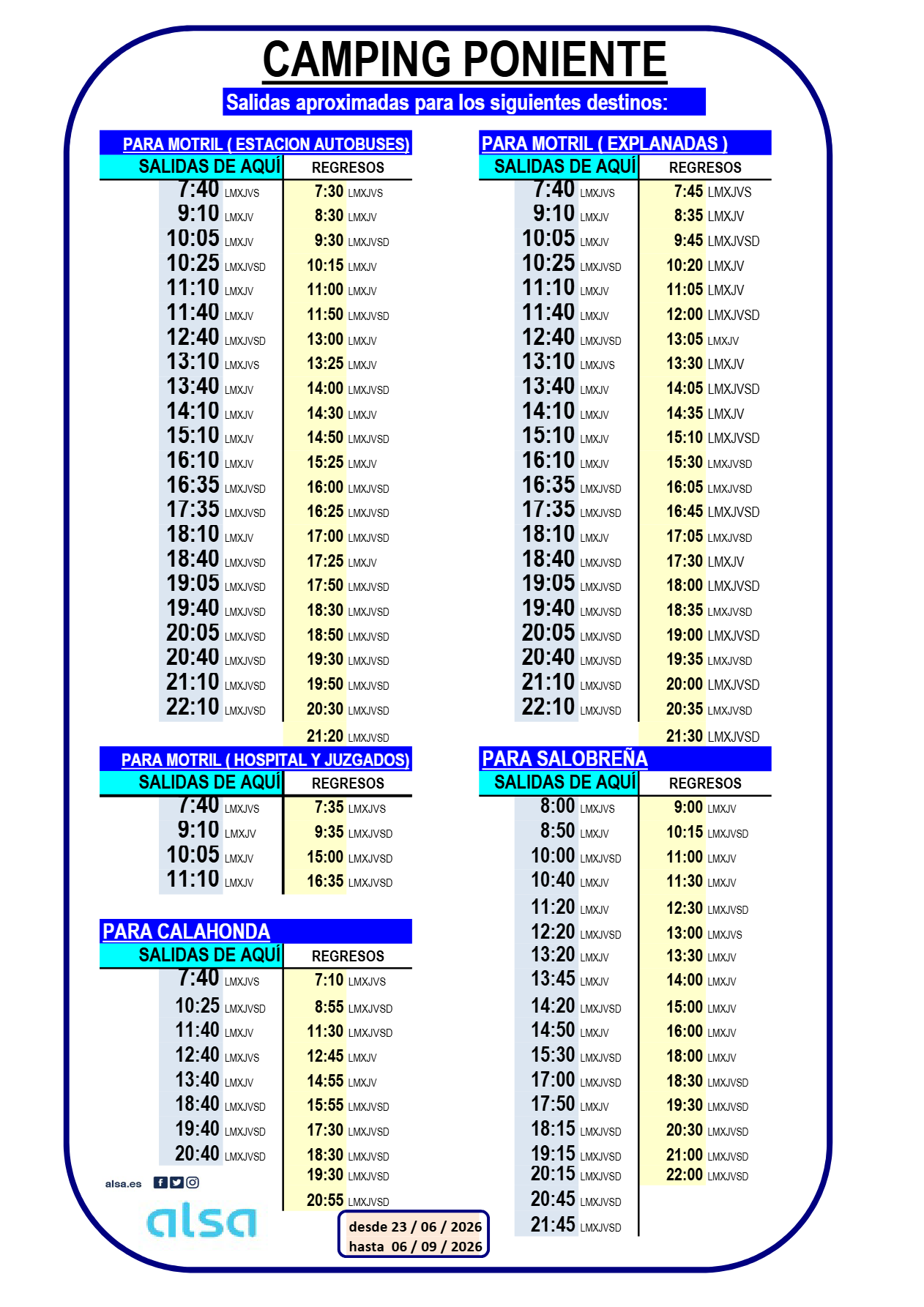HORARIOS PLAYA PONIENTE